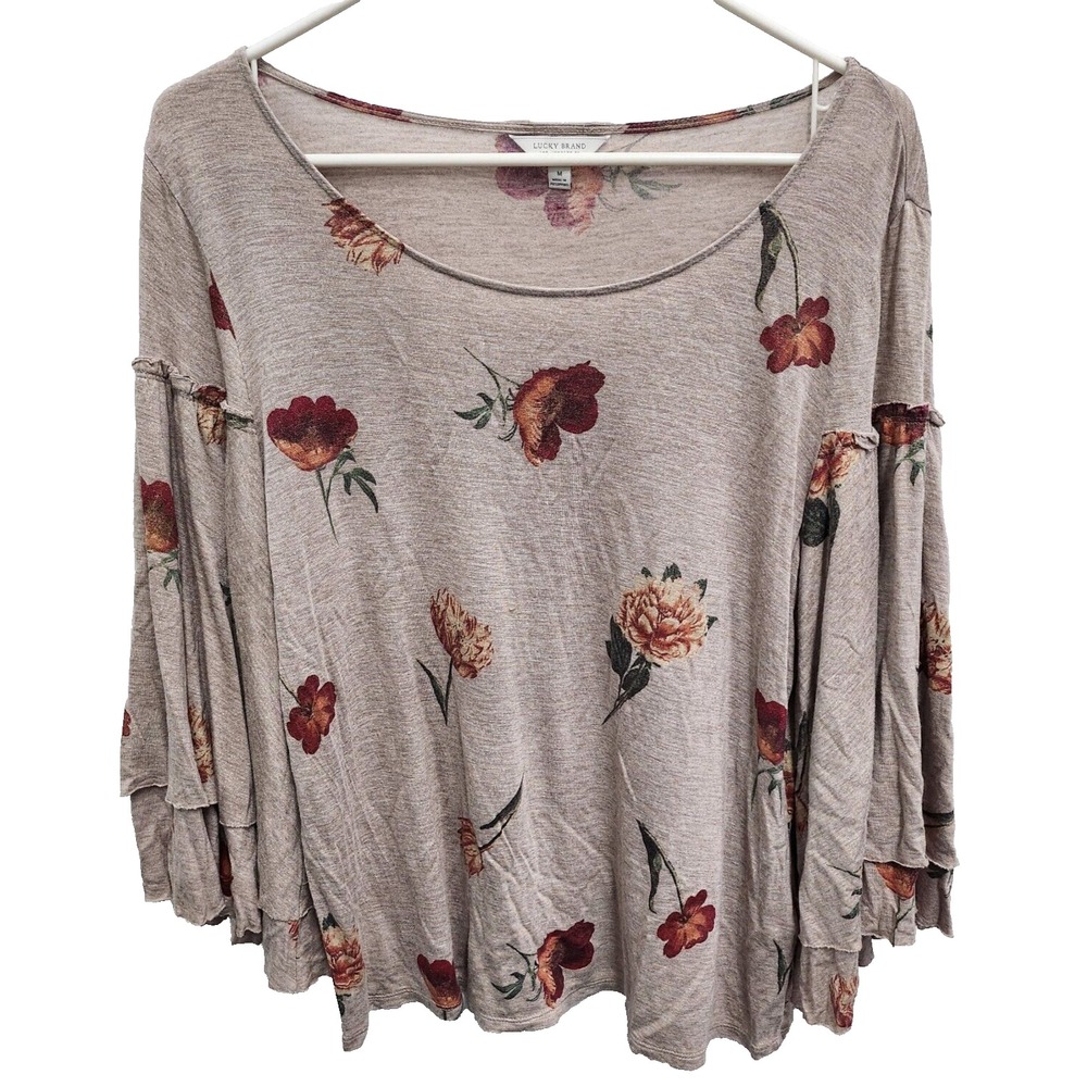 Lucky Brand Bell Sleeve BOHO Top Womens Medium Beige Floral Shimmery Cottage